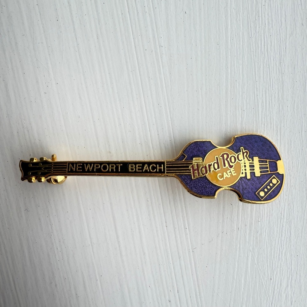 Hard Rock Cafe Newport Beach Hofner Bass Guitar Pin Purple Gold‎ Tone Brooch
